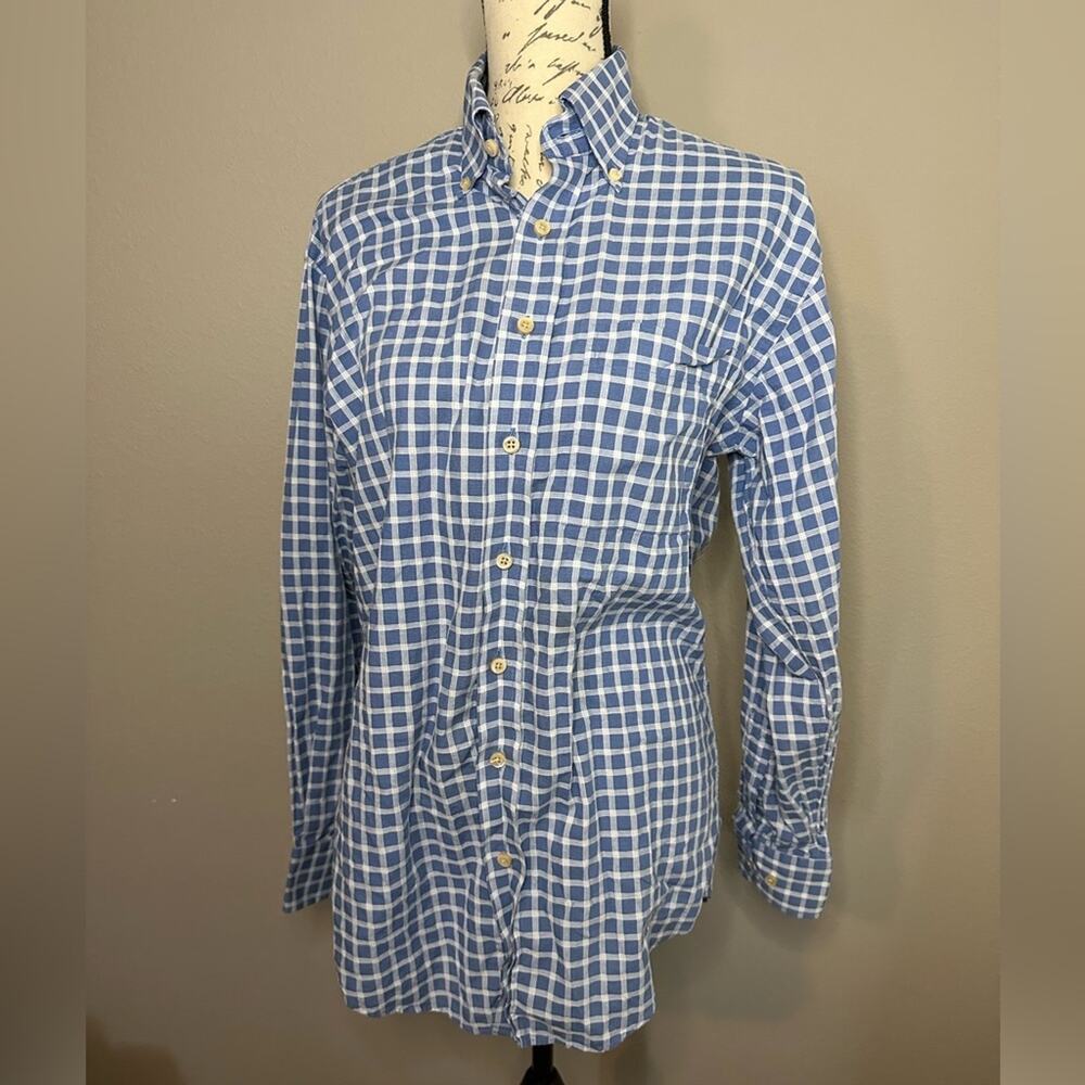 Scott Barber Long Sleeve Dress Shirt 100% Cotton Blue and White Plaid Size Small
